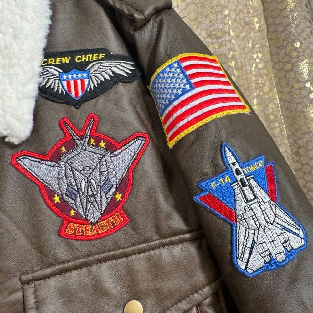 Flight Line Air Gear Boys Aviation Pilot Faux Leather Brown Bomber Jacket XXS 4/